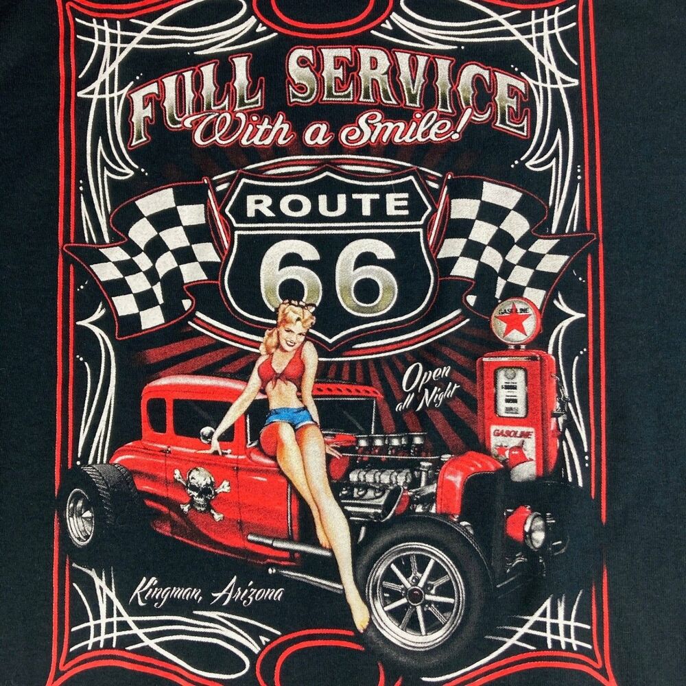 Route 66 Kingman Arizona Hot Rod Graphic T Shirt Mens Black Pinup Car Tee
